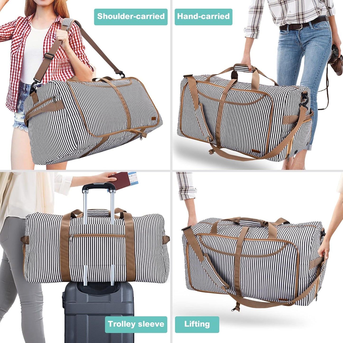100L Duffle Bag for Travel, Large Foldable Waterproof Travel Duffel Bags Weekender Overnight Bag for Men and Women with Shoe Compartment (Stripe) - Roamly