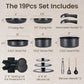 Chef Power Ceramic Nonstick Cookware Set 19 Piece with Detachable Handle, Induction Dishwasher Oven Safe Pans and Pots Set, RV Kitchen Set Removable Handle, Rock Stone Black