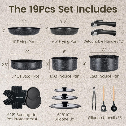 Chef Power Ceramic Nonstick Cookware Set 19 Piece with Detachable Handle, Induction Dishwasher Oven Safe Pans and Pots Set, RV Kitchen Set Removable Handle, Rock Stone Black