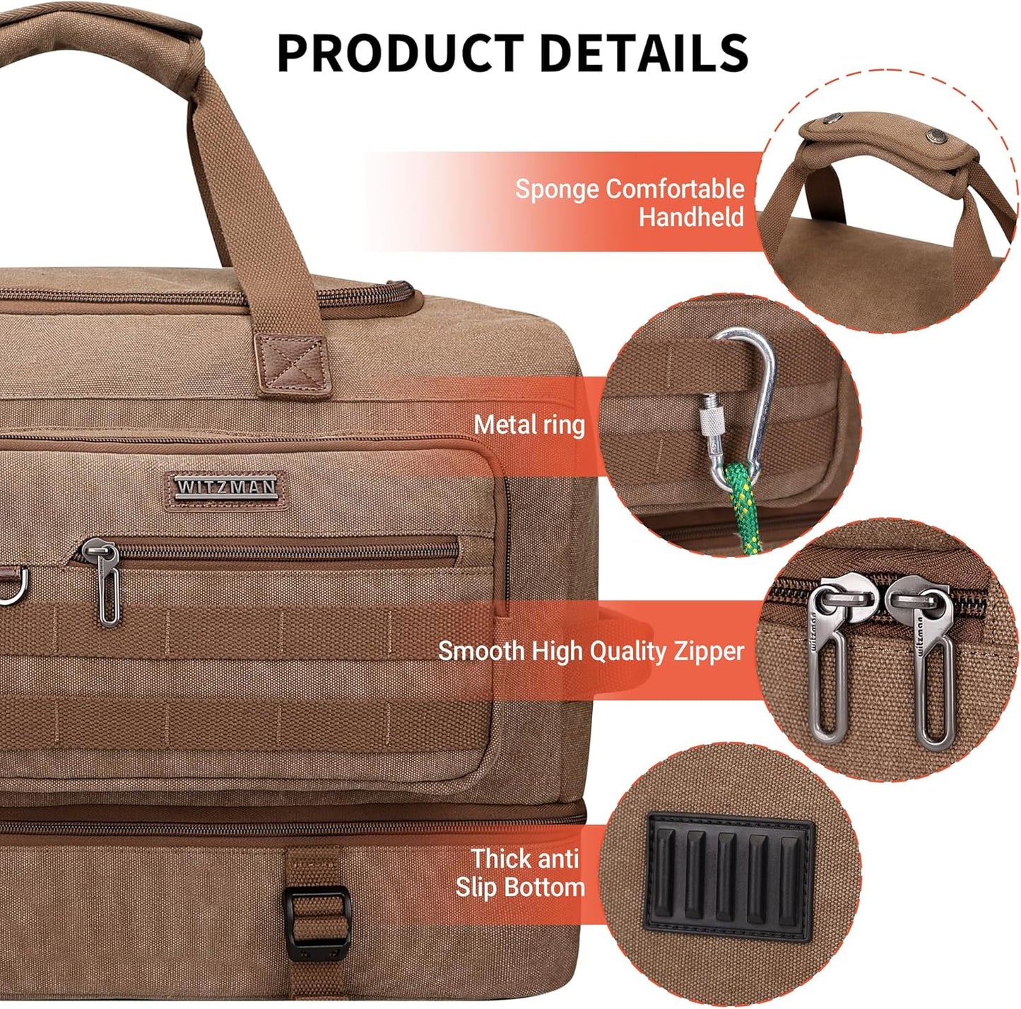 WITZMAN Duffle Bag for Men 50L Canvas Weekender Overnight Bag with Toiletry Bag Sets Travel Duffel Bag Shoes Compartment（A8010-2 Brown） - Roamly