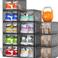 12 Pack Clear Shoe Storage Organizer with Magnetic Door, Stackable Plastic Shoe Boxes for Sneakers, Boots, and Heels, Space-Saving Foldable Shoe Rack for Closet, Durable Shoe Cabinet Organizer, Black