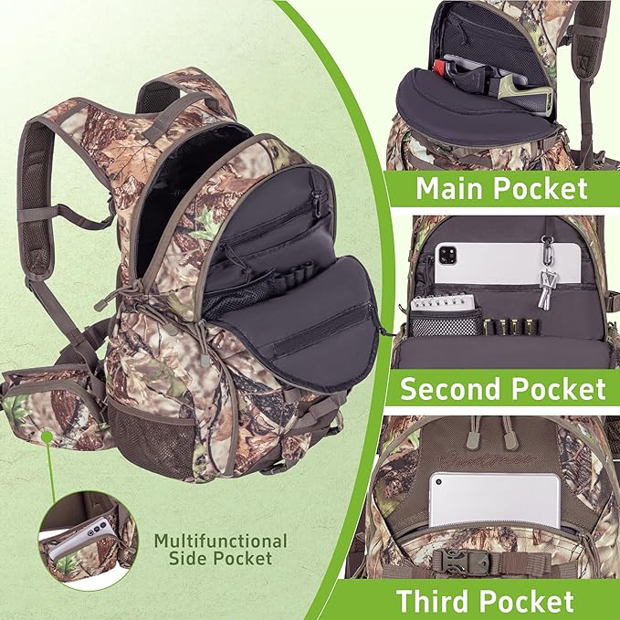 Hunting Backpack with Waterproof Rain Cover, 35L Hunting Backpacks for Men, Durable Large Capacity Hunting Day Pack with Rifle Bow Holder