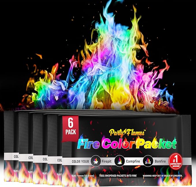 Magic Campfire Fire Color Changing Packets for Fire Pit (6 Pack) Outdoor Fireplaces & Bonfires, Rainbow Colored Flames - Perfect Camping Essential & Accessories - Must Have for Kids & Adults