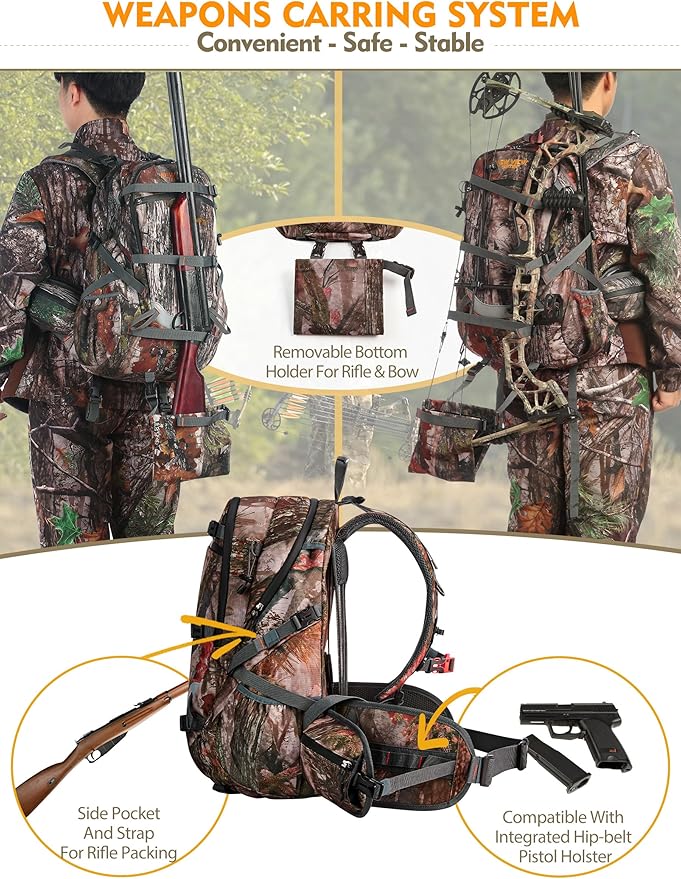 NEW VIEW Hunting Backpacks for Men 35L, Camo Backpack for Hunting with Rifle Bow Gun Holder, Waterproof Hunting Pack with Rain Rover