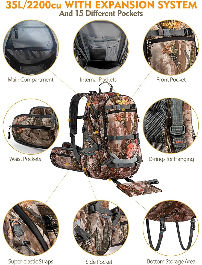 NEW VIEW Hunting Backpacks for Men 35L, Camo Backpack for Hunting with Rifle Bow Gun Holder, Waterproof Hunting Pack with Rain Rover