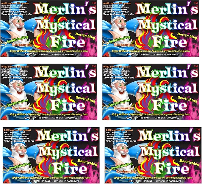 Merlin's Mystical Fire Color Changing Packets- Pack of 6, 0.882 oz Each- Long Lasting Enchanted Multi-Color Magical Flames- Flame Color Changer for Fire Pits & Outdoor Fireplaces- Campfire Accessories