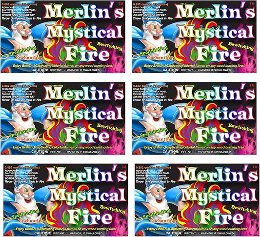 Merlin's Mystical Fire Color Changing Packets- Pack of 6, 0.882 oz Each- Long Lasting Enchanted Multi-Color Magical Flames- Flame Color Changer for Fire Pits & Outdoor Fireplaces- Campfire Accessories