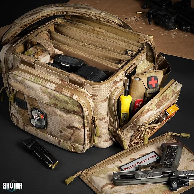 Savior Equipment Specialist Series Tactical Triple Pistol Shooting Range Hunting Duffle Bag Gun Carrying Case, Rigid Compartment Frame, Lockable Zippers