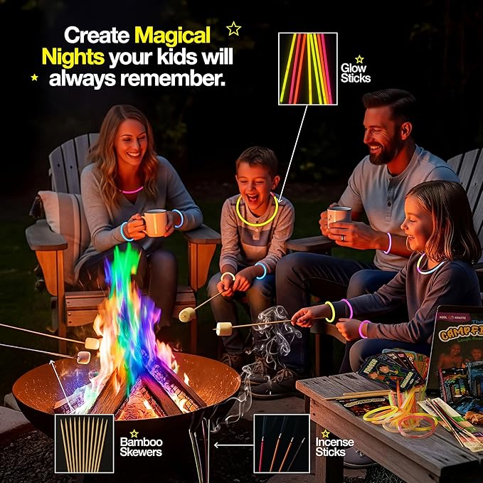 Complete Campfire Kit , Box include 6 Magical Color Changing Fire Packs, 20 Game Cards, 10 Glowsticks, 2 Fire Starters, 10 Incense Sticks, 10 Bamboo Sticks, Fun Camping Set, Outdoor Parties, Campfire