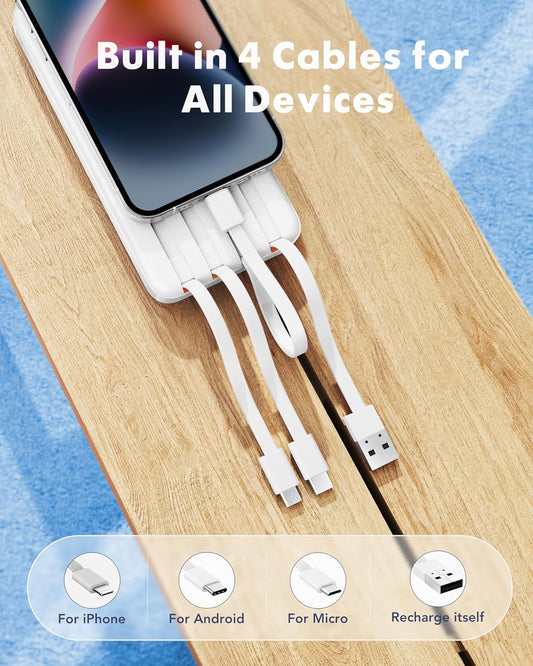 charmast 20000mAh Portable Charger with Built in Cables, 22.5W Travel Power Bank Fast Charging, USB C Cell Phone Battery Pack for iPhone 16/15/14/13/12/11 Series, iPad, Samsung, Android, Tablet - Roamly