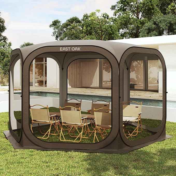 East Oak Screen House Tent Pop-Up, Portable Screen Room Canopy Instant Screen Tent 12 x 12 FT with Carry Bag for Patio, Backyard, Deck & Outdoor Activities, Brown