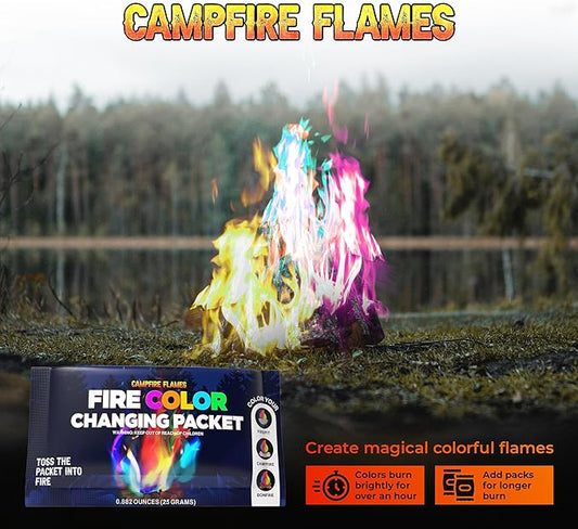 Magic Campfire Fire Color Changing Packets for Fire Pit (50 Pack) Outdoor Fireplaces & Bonfires, Rainbow Colored Flames - Perfect Camping Essential & Accessories - Must Have for Kids & Adults