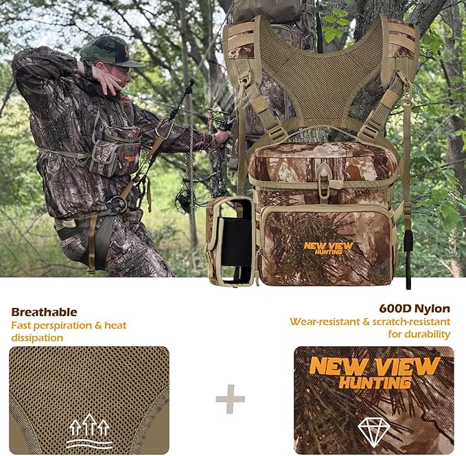 NEW VIEW Bino Packs for Hunting - Binocular Straps Harness Chest Pack with Detachable Rangefinder Pouch, Adjustable Camo Binos Harness & Rain Cover - Ideal for Bow Hunter- Large