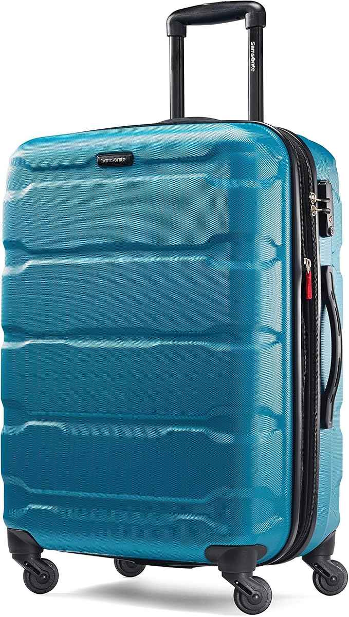 Samsonite Omni PC Hardside Expandable Luggage with Spinner Wheels, Caribbean Blue, Checked-Medium 24-Inch