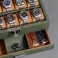 ROTHWELL 10-Slot Watch Box in Leather with Valet Drawer, Luxury Watch Case Display Organizer with Ultra Soft Microsuede Liner, Jewelry and Sunglass Holder With Large Glass top (Green/Tan)