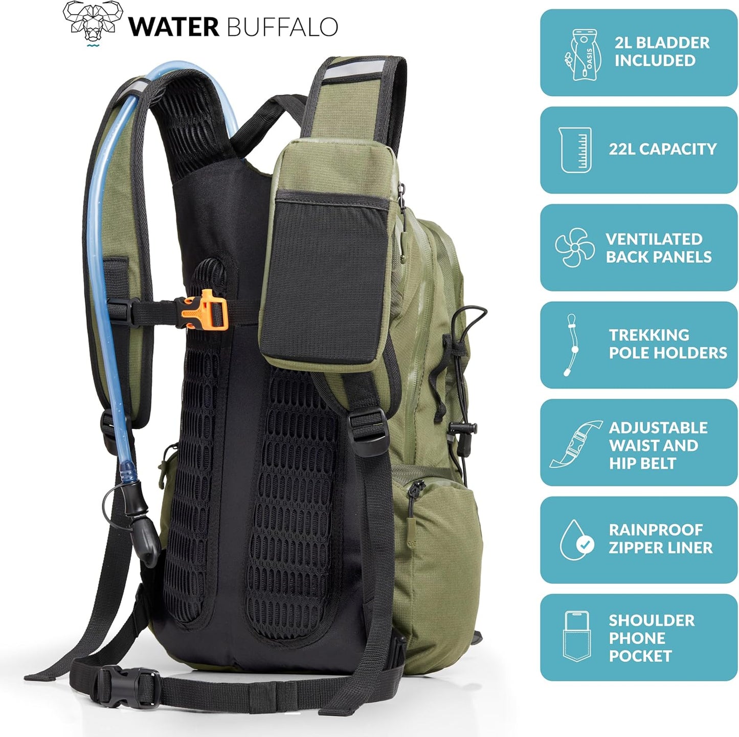 Water Buffalo Hydration Backpack - Sherpa 22L Hiking Backpack with Water Bladder - Water Backpack for Hiking with Waterproof Zippers, Phone & Pole Holders - Roamly