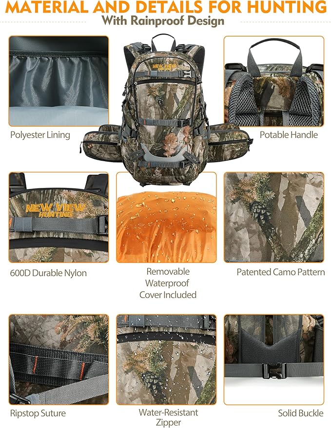 NEW VIEW Hunting Backpacks for Men 35L, Camo Backpack for Hunting with Rifle Bow Gun Holder, Waterproof Hunting Pack with Rain Rover