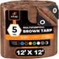 Multipurpose Protective Cover Brown Poly Tarp 12' x 12' - Durable, Water Resistant, Weather Resistant - 5 Mil Thick Polyethylene - by Xpose Safety