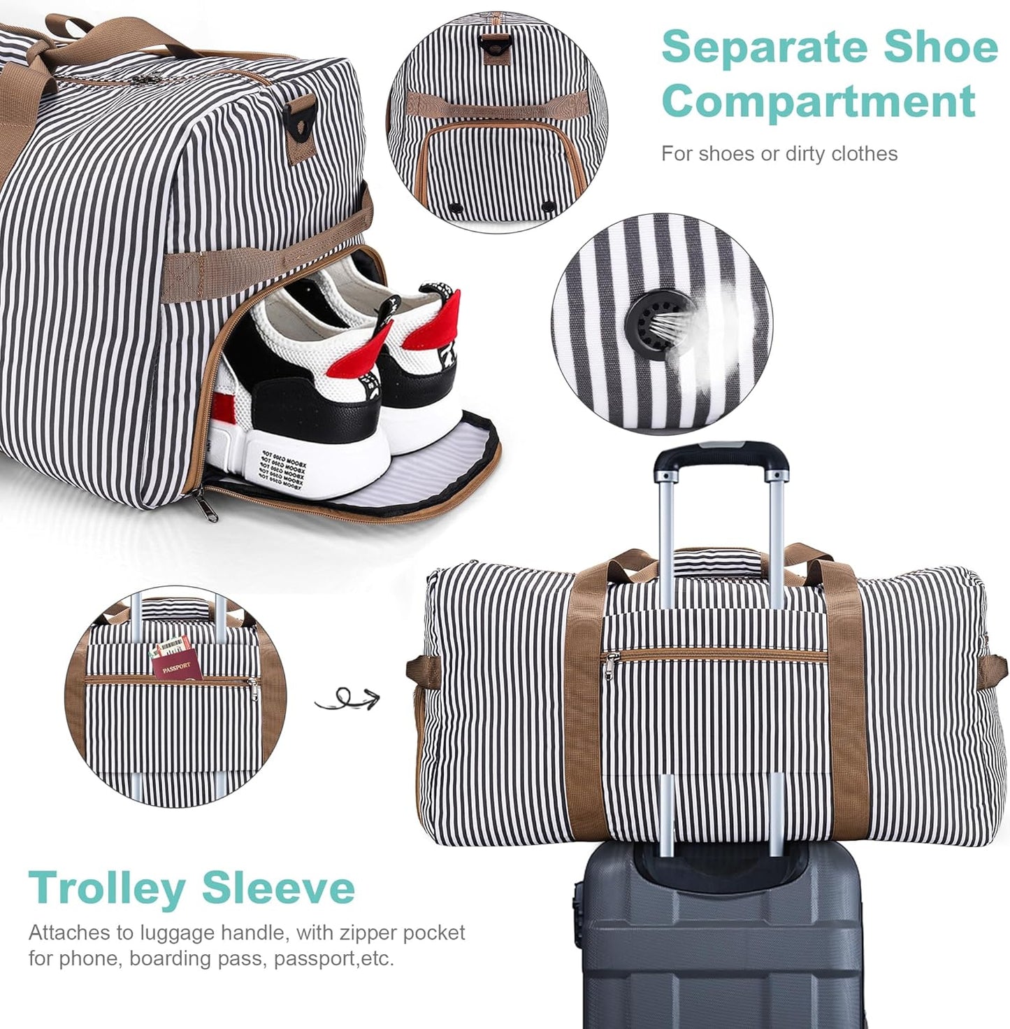 100L Duffle Bag for Travel, Large Foldable Waterproof Travel Duffel Bags Weekender Overnight Bag for Men and Women with Shoe Compartment (Stripe) - Roamly