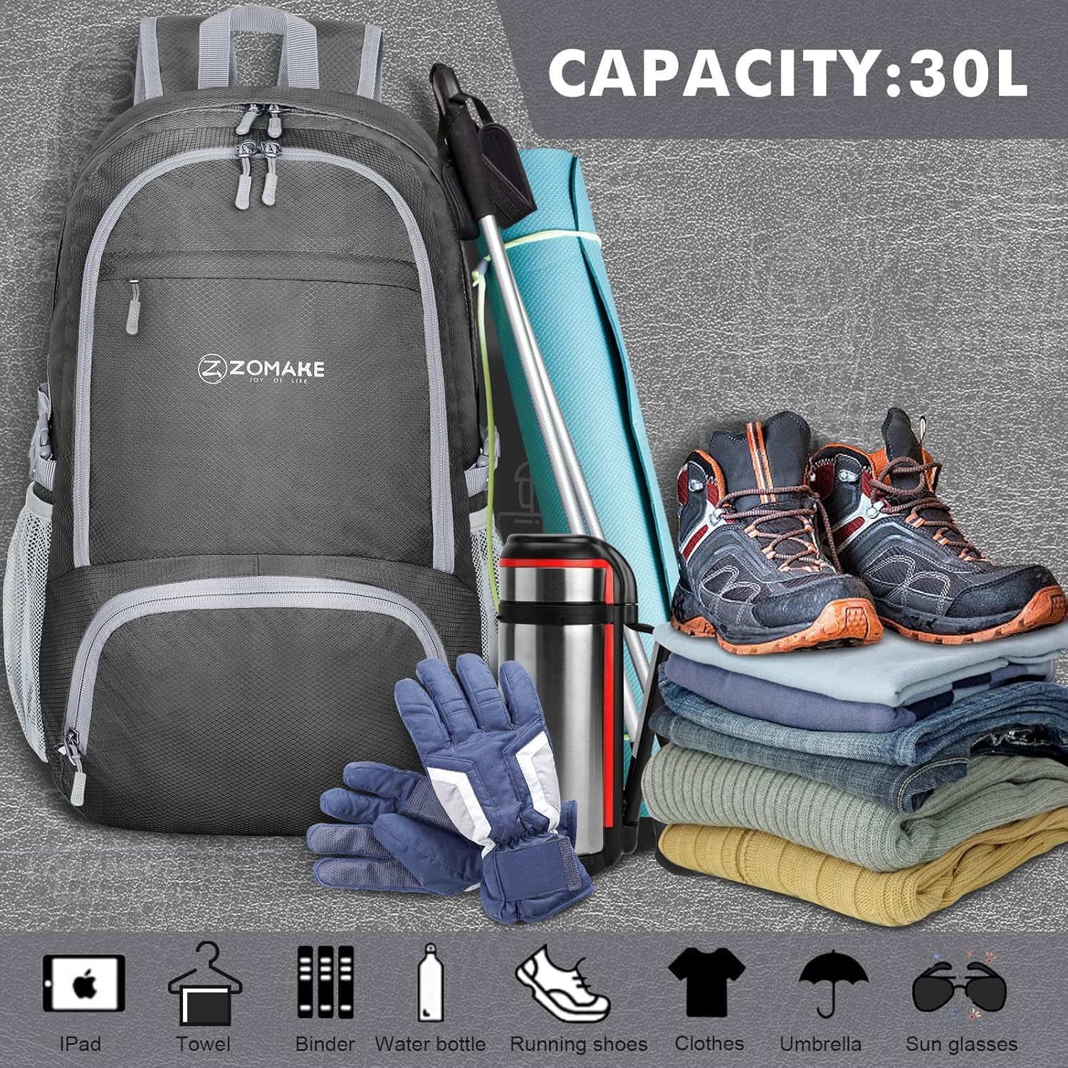 ZOMAKE Lightweight Packable Backpack 30L, Foldable Hiking Backpacks Water Resistant Compact Folding Daypack for Travel(Dimgray) - Roamly