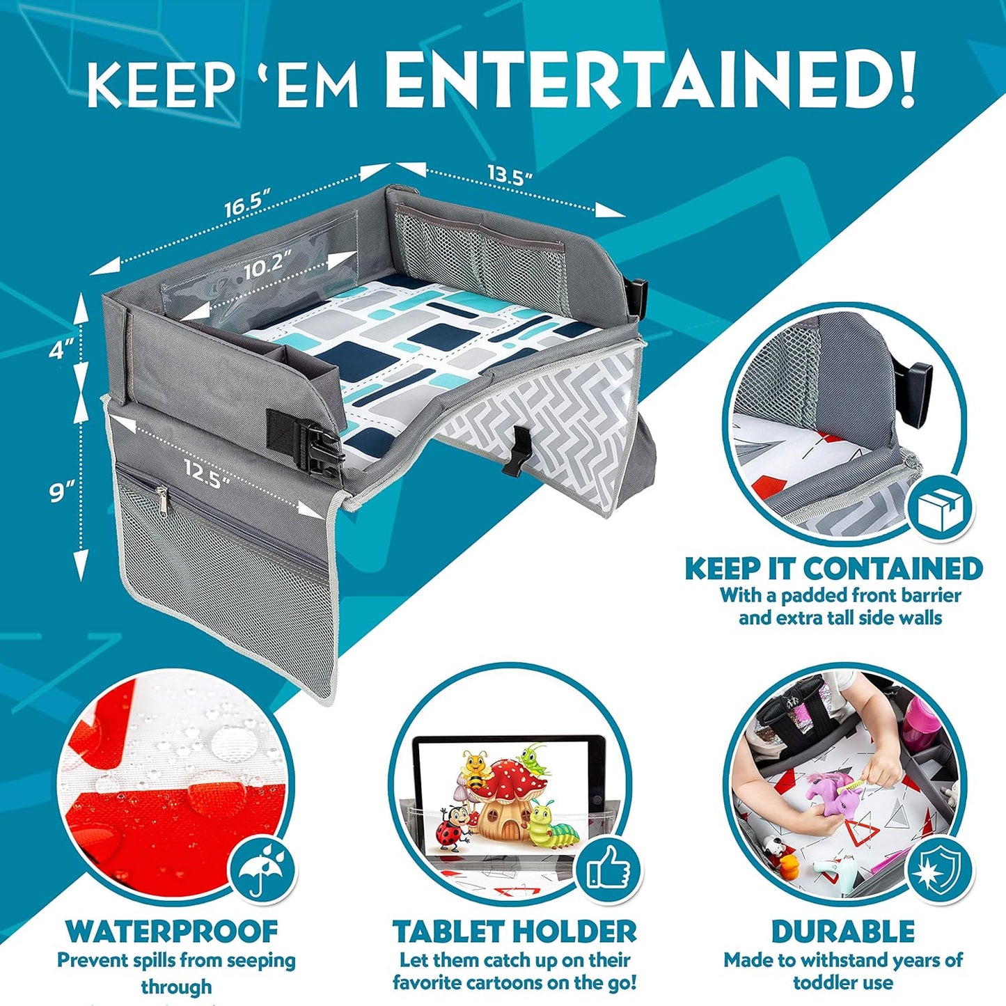 Kenley Kids Travel Tray, Toddler Car Seat Lap Tray, Road Trip Essentials Activity Table (Blue/Gray)