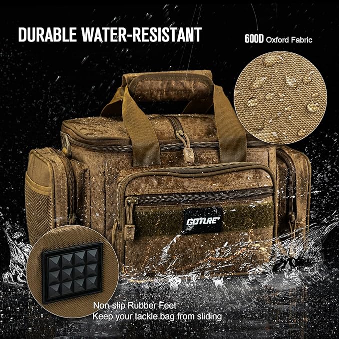 Goture Fishing Tackle Bag, 600D Water-Resistant Soft Side Crossbody Sling Bag for Men & Women,Small Gear Storage Tactical Bags for Saltwater & Freshwater,Fits 4 3600 Tackle Boxes (Not Included)