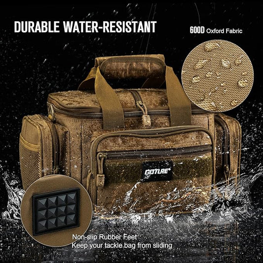 Goture Fishing Tackle Bag with 4 Tackle Boxes, Soft Side 600D Water-Resistant Cross Body Sling Fishing Bag, Small Saltwater Gear Storage Tactical Bags, Gifts for Men/Women (15.75"x9.45"x8.27")