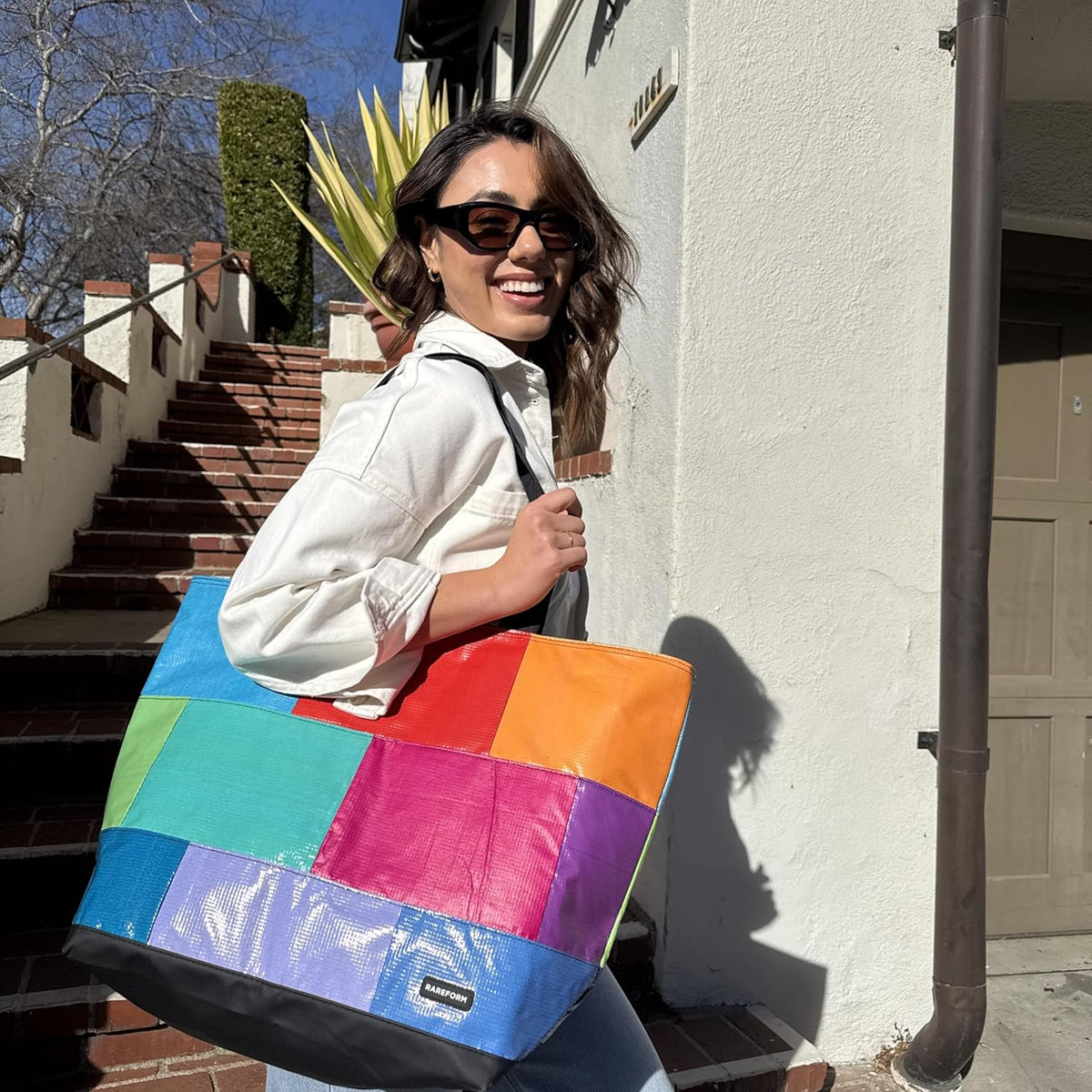Rareform Large Zippered Blake Tote Bag | One-of-a-Kind, Water-Resistant, Recycled Billboard Vinyl | Color and Pattern Vary - Roamly