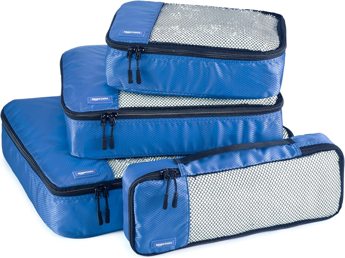 Amazon Basics Packing Cubes for Travel, Packing Organizers Set, 4-Piece-Set (Slim, Small, Medium, Large) With Double Zipper Pulls and Mesh Top Panel, 100% Durable Polyester, Blue - Roamly