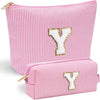 YOOLIFE Travel Makeup Bag Cosmetic Bag - Make Up Bag with Makeup Brush Bag Monogram Makeup Pouch Bag 2 Pieces Cute Makeup Bag Personalized Gifts Best Friend Birthday Gifts for Women Pink Letter Y - Roamly