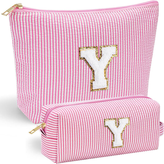 YOOLIFE Travel Makeup Bag Cosmetic Bag - Make Up Bag with Makeup Brush Bag Monogram Makeup Pouch Bag 2 Pieces Cute Makeup Bag Personalized Gifts Best Friend Birthday Gifts for Women Pink Letter Y - Roamly