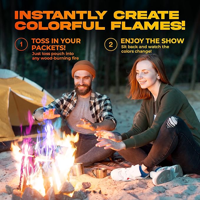 Magic Campfire Fire Color Changing Packets for Fire Pit (10 Pack) Outdoor Fireplaces & Bonfires, Rainbow Colored Flames - Perfect Camping Essential & Accessories - Must Have for Kids & Adults