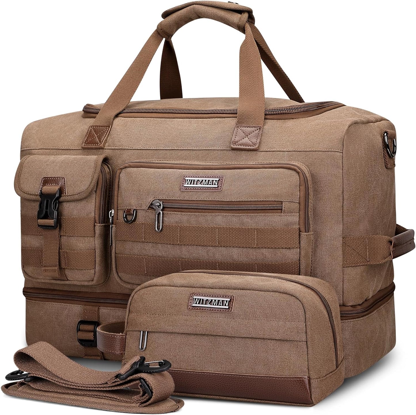 WITZMAN Duffle Bag for Men 50L Canvas Weekender Overnight Bag with Toiletry Bag Sets Travel Duffel Bag Shoes Compartment（A8010-2 Brown） - Roamly