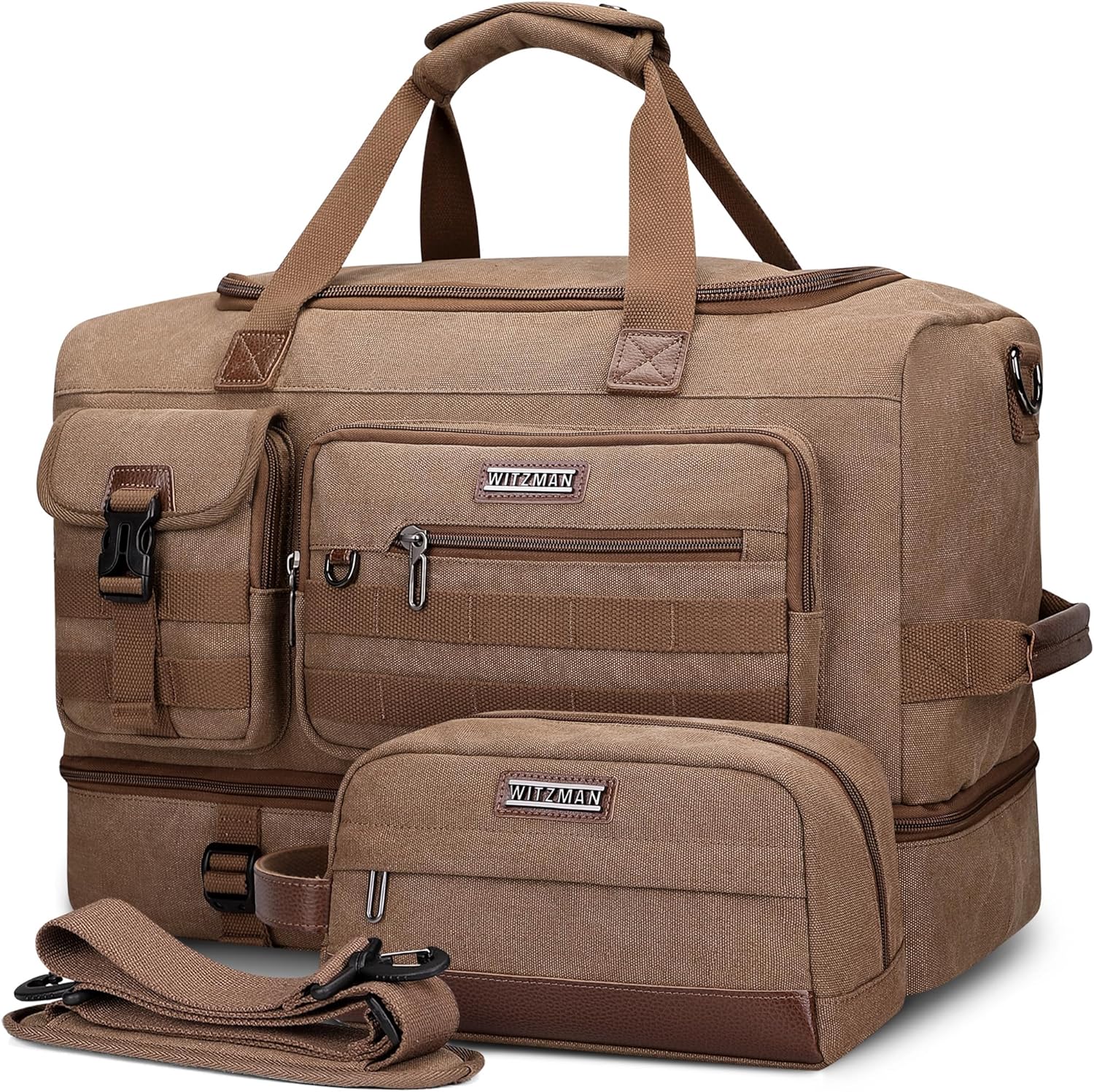 WITZMAN Duffle Bag for Men 50L Canvas Weekender Overnight Bag with Toiletry Bag Sets Travel Duffel Bag Shoes Compartment（A8010-2 Brown） - Roamly