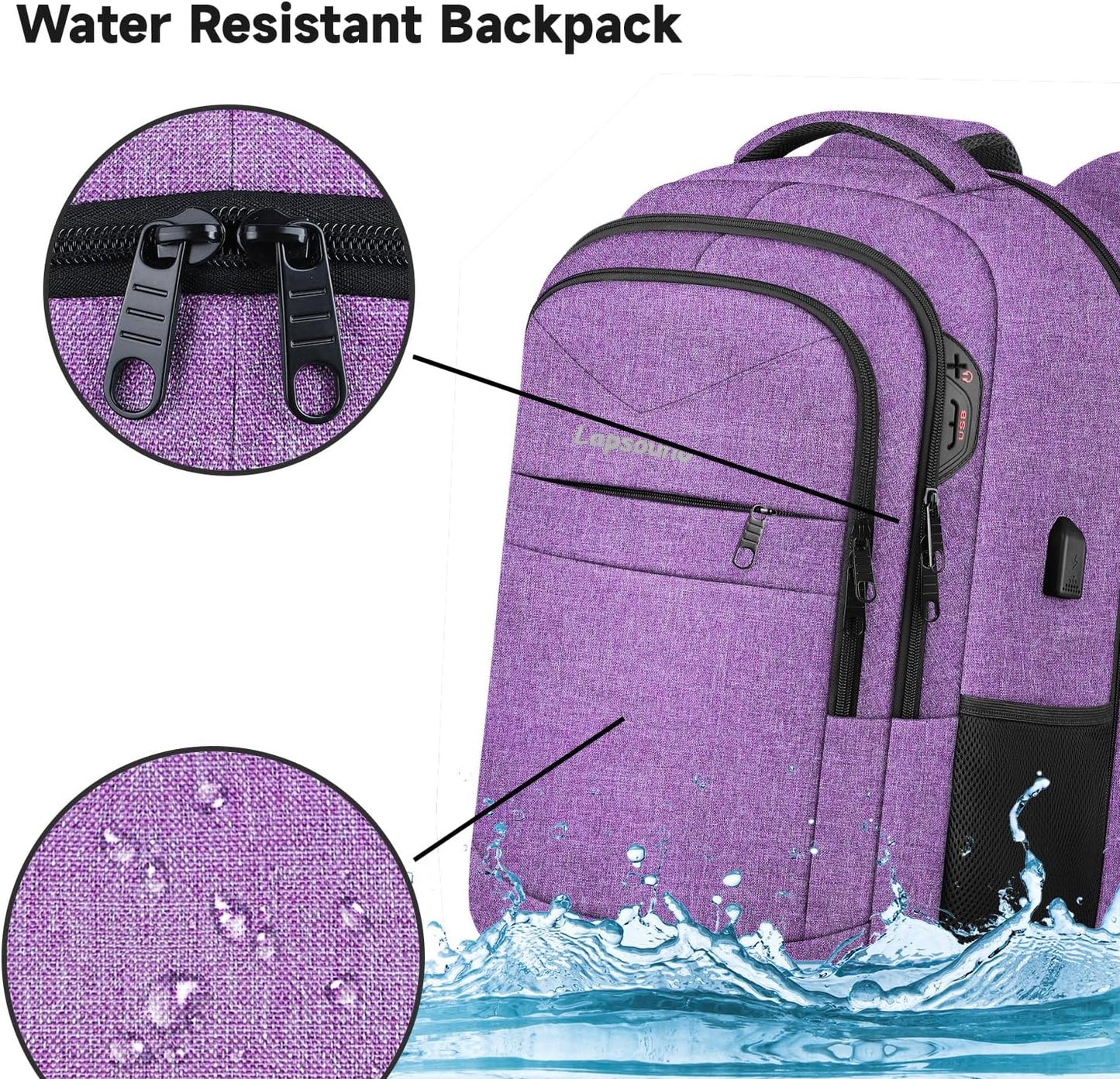 Lapsouno Travel Backpack, Travel Laptop Backpack, Multiple Pockets 15.6 Inch Carry on Backpack with USB Port, TSA Friendly Water Resistant College School Business Bag for Women, Purple - Roamly