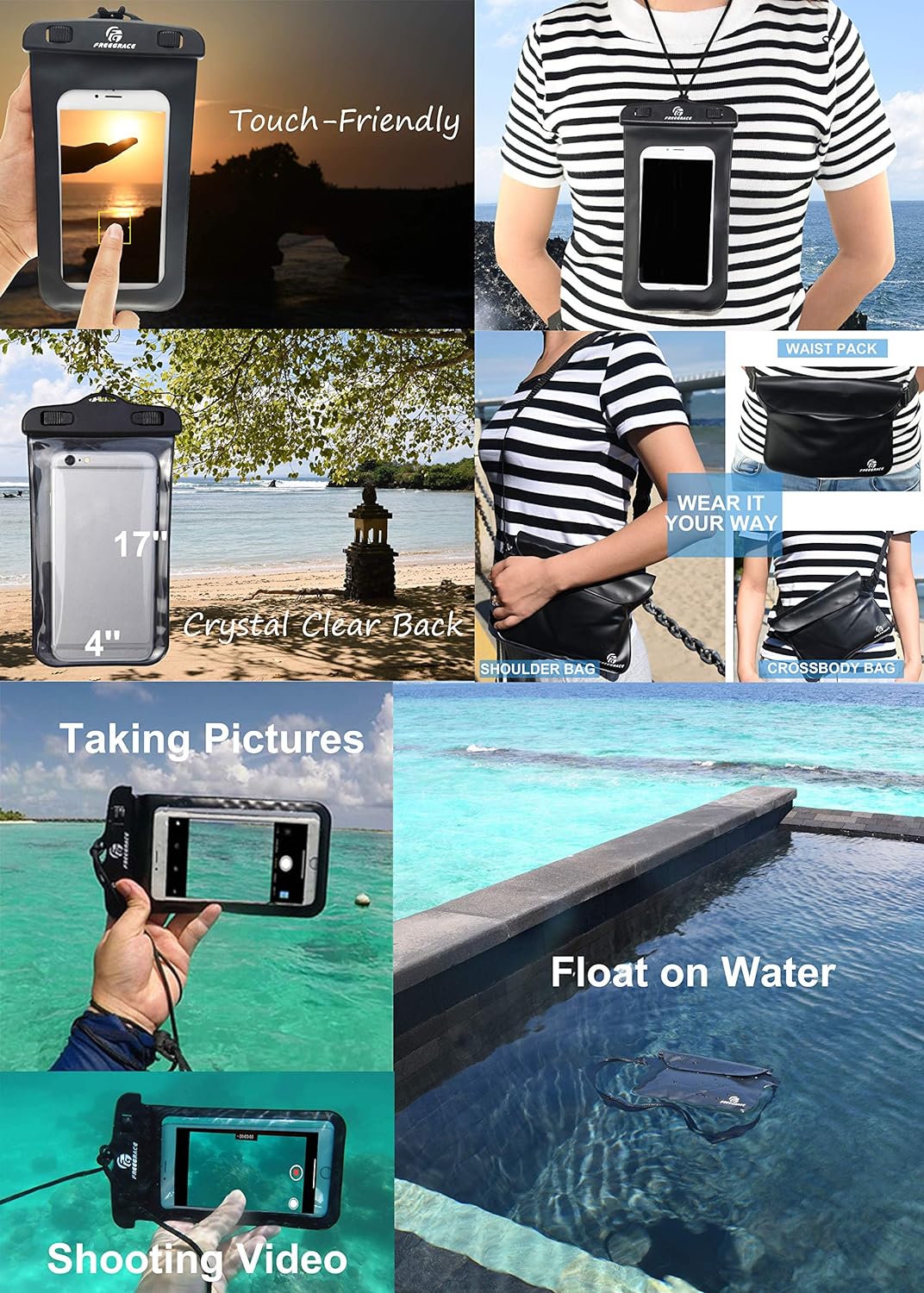 Freegrace Waterproof Dry Bags Set of 3 Dry Bag with 2 Zip Lock Seals & Detachable Shoulder Strap, Waist Pouch & Phone Case - Can Be Submerged Into Water - for Swimming (Navy Blue, 5L)