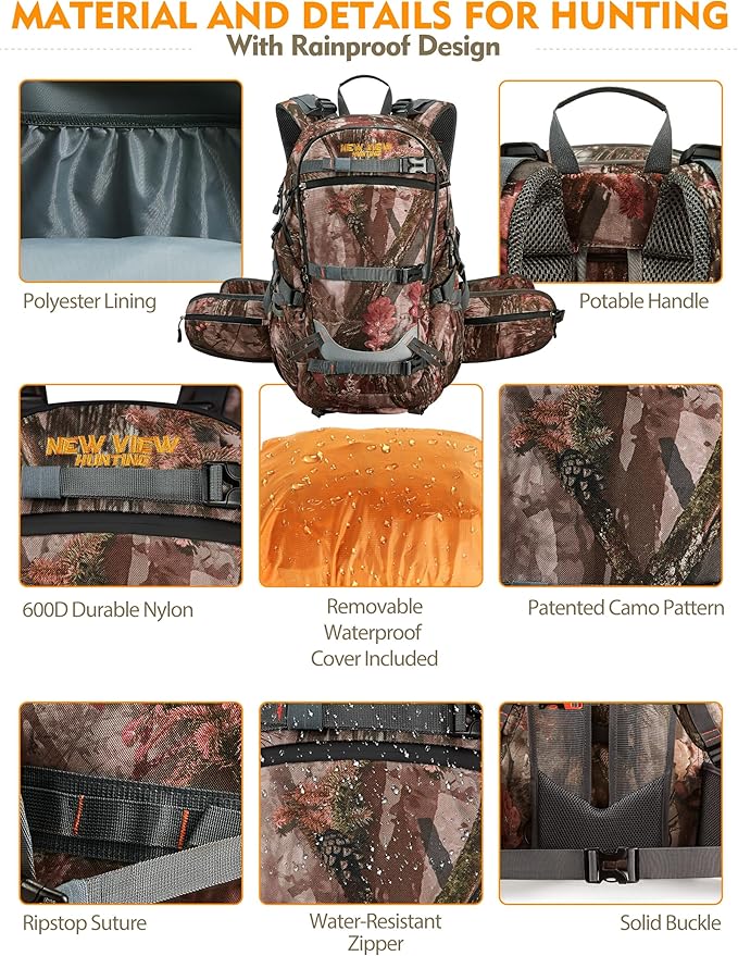 NEW VIEW Hunting Backpacks for Men 35L, Camo Backpack for Hunting with Rifle Bow Gun Holder, Waterproof Hunting Pack with Rain Rover