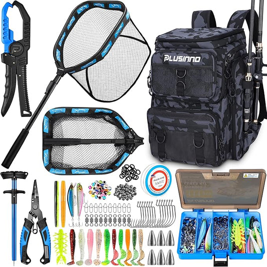 PLUSINNO Fishing Backpack with Fishing Gear Fish Net & Rod Holders Tackle Box, 42L Large Water-resistant Tackle Bag Store
