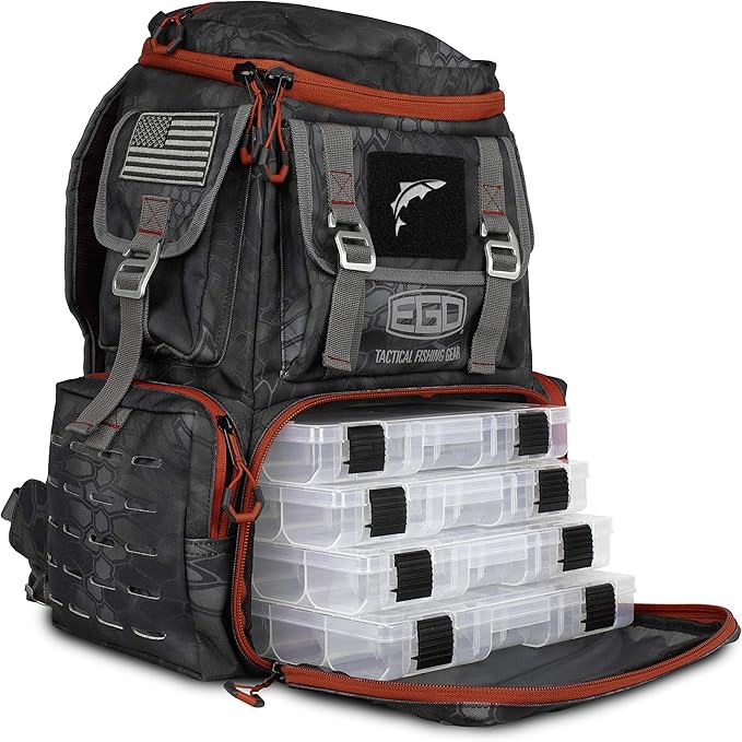Ego Kryptek Tactical Tackle Box Backpack, Durable Fishing Tool Bag, 1000D Nylon Fabric with PVC Back, Water-Resistant, Multiple Storage Pockets, Laser-Cut Molle Loops, Includes 4 Tackle Trays