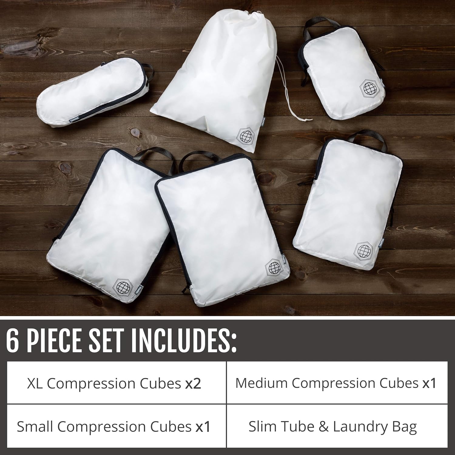 Large Compression Packing Cubes 6 Piece Set for Travel with Lightweight Laundry Bag for Carry-On Suitcase by TRIPPED Travel Gear (White) - Roamly