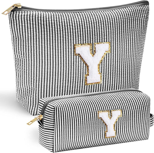 YOOLIFE Travel Makeup Bag Cosmetic Bag - Make Up Bag with Makeup Brush Bag Monogram Makeup Pouch Bag 2 Pieces Cute Makeup Bag Personalized Gifts Best Friend Birthday Gifts for Women Black Letter Y - Roamly