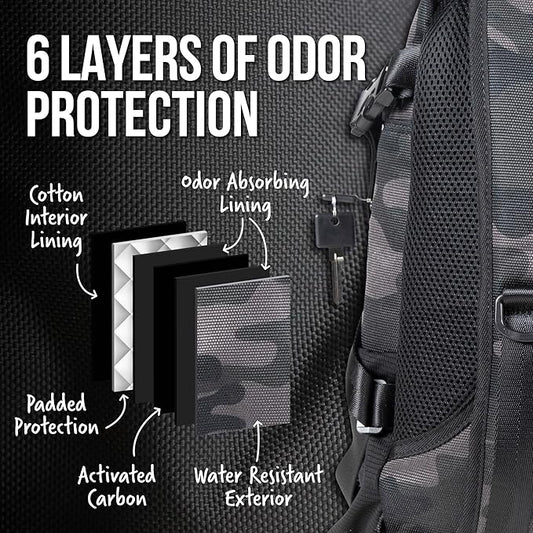 DIME BAGS Odor Blocking Backpack with Lock, Water-Resistant, Anti Theft Bag, Lockable Travel Backpack with Padded Shoulder Straps, Spill Proof Zippers, Transporter (Camouflage)