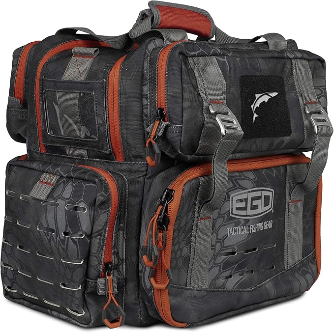 EGO Kryptek Tactical Tackle Box Backpack, Durable Fishing Tool Bag, 1000D Nylon Fabric with PVC Back, Water-Resistant, Multiple Storage Pockets, Laser-Cut Molle Loops, Includes 4 Tackle Trays