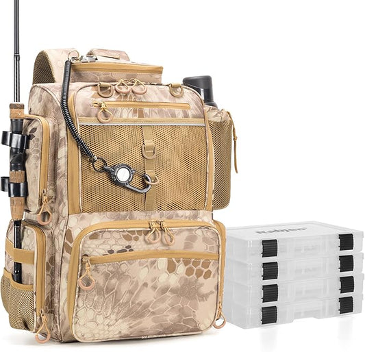 Rabjen Fishing Tackle Backpack with Rod Holders, Bottle Holder, Storage Bag Store Fishing Gear