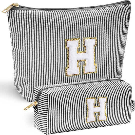 YOOLIFE Initial Monogram Cute Makeup Bags - Cosmetic Toiletry Pouch for Women's Friendship, Personalized Birthday Gifts - Black - Roamly