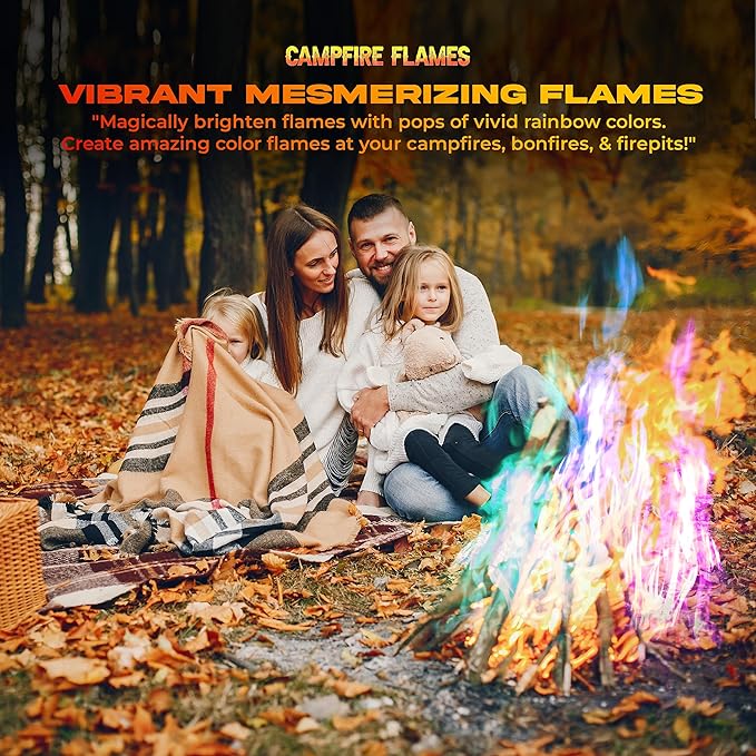 Magic Campfire Fire Color Changing Packets for Fire Pit (25 Pack) Outdoor Fireplaces & Bonfires, Rainbow Colored Flames - Perfect Camping Essential & Accessories - Must Have for Kids & Adults