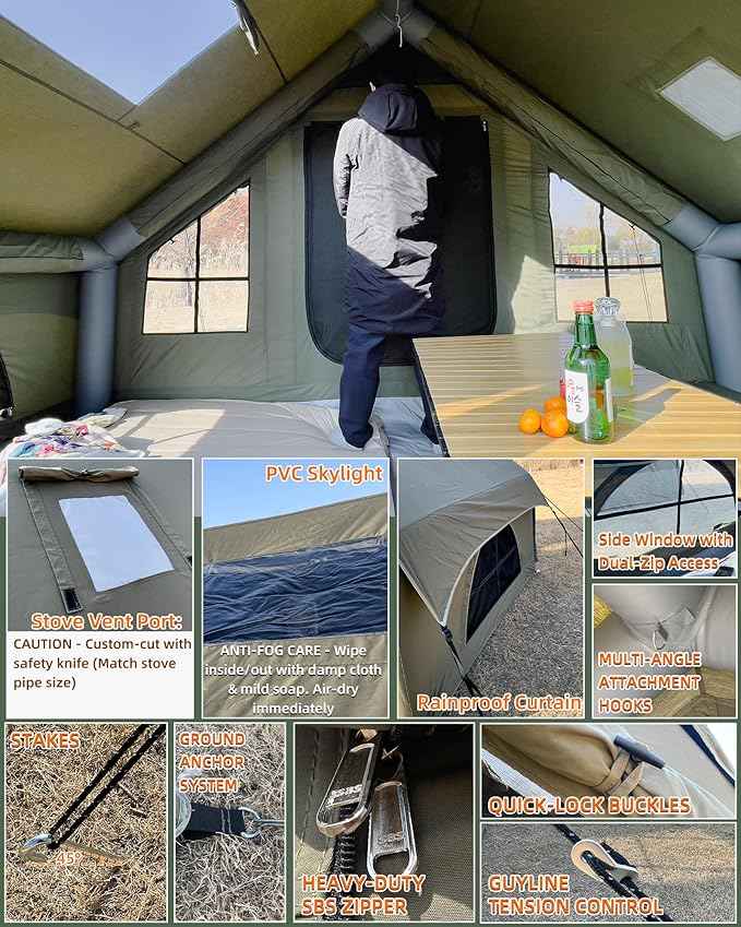 Cotton Inflatable Camping Tent, 2-4 Person, Windproof Glamping Design with Skylight, Instant Setup (2~4person(10.2'L X 8'W X 7'H)-Green)