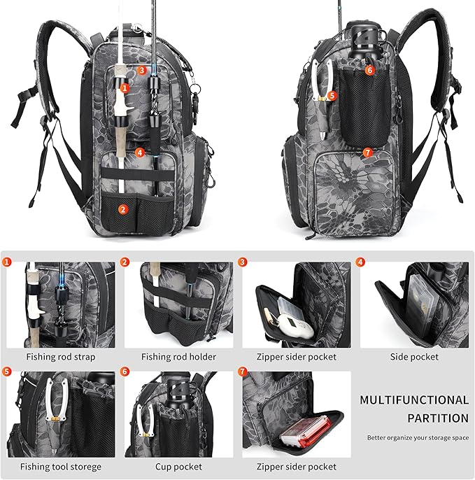 Rabjen Fishing Tackle Backpack with Rod Holders, Bottle Holder, Storage Bag Store Fishing Gear