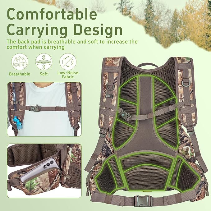 Hunting Backpack with Waterproof Rain Cover, 35L Hunting Backpacks for Men, Durable Large Capacity Hunting Day Pack with Rifle Bow Holder