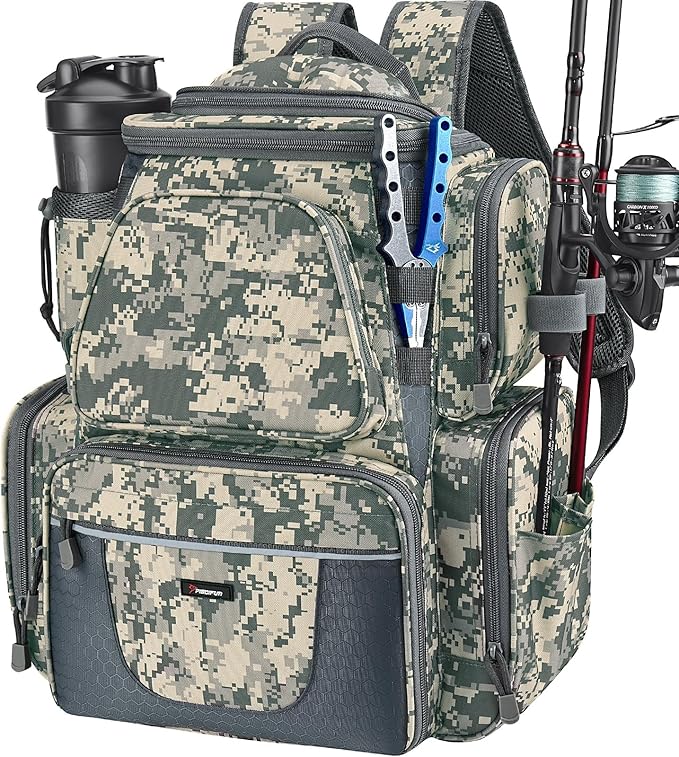 Piscifun Fishing Backpack with 2 Rod Holders & 4 Tackle Boxes, Large Tackle Storage Bag With Rain Cover for Fishing Gear